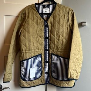 XSOLDX Free Assembly quilted cinch waist liner jacket tan blue white stripe